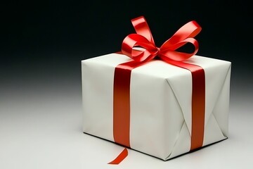 Obraz premium Caja de regalo blanca con lazo rojo, lista para una ocasión especial o celebración.
