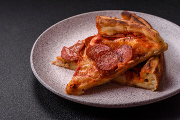 Pepperoni pizza with sausage, mozzarella cheese, tomatoes, salt and spices