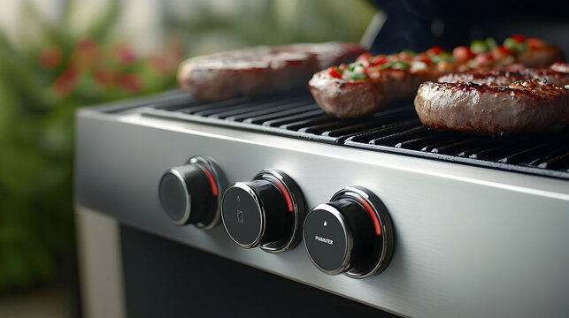 Closeup of Grill Control Knobs with Burgers Cooking, grilling, bbq, barbecue, gas grill, outdoor cooking
