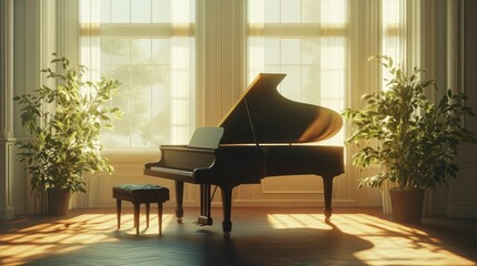 A serene piano bathed in golden light, surrounded by lush greenery, evokes soothing melodies in a...