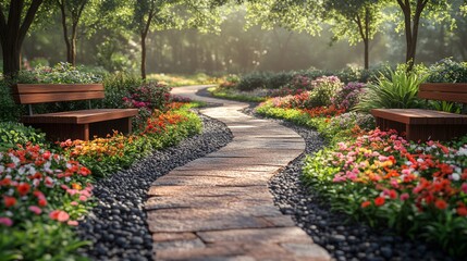 A winding pathway is bordered by colorful flower beds, leading through a tranquil garden. Two wooden benches invite visitors to relax amidst nature's beauty.