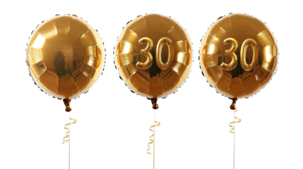 Gold 30 Number Balloons for Birthday on White Background Generative AI