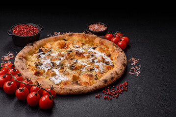 Creamy pizza with truffle cheese, mozzarella, chicken and mushrooms