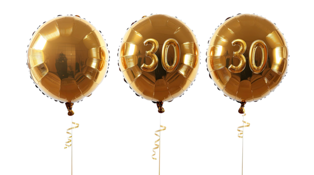 Gold 30 Number Balloons for Birthday on White Background Generative AI