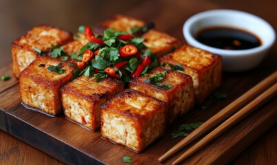 Cubes of golden fried tofu are artfully arranged on a wooden cutting board, topped with fresh herbs and chilies, accompanied by a small bowl of soy sauce and chopsticks