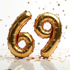 Golden balloon numbers 69 celebrating a special occasion, adorned with shimmering confetti in the background. Birthday,date