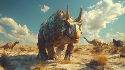 Fototapeta premium Prehistoric Landscape with Dinosaur in Open Wilderness