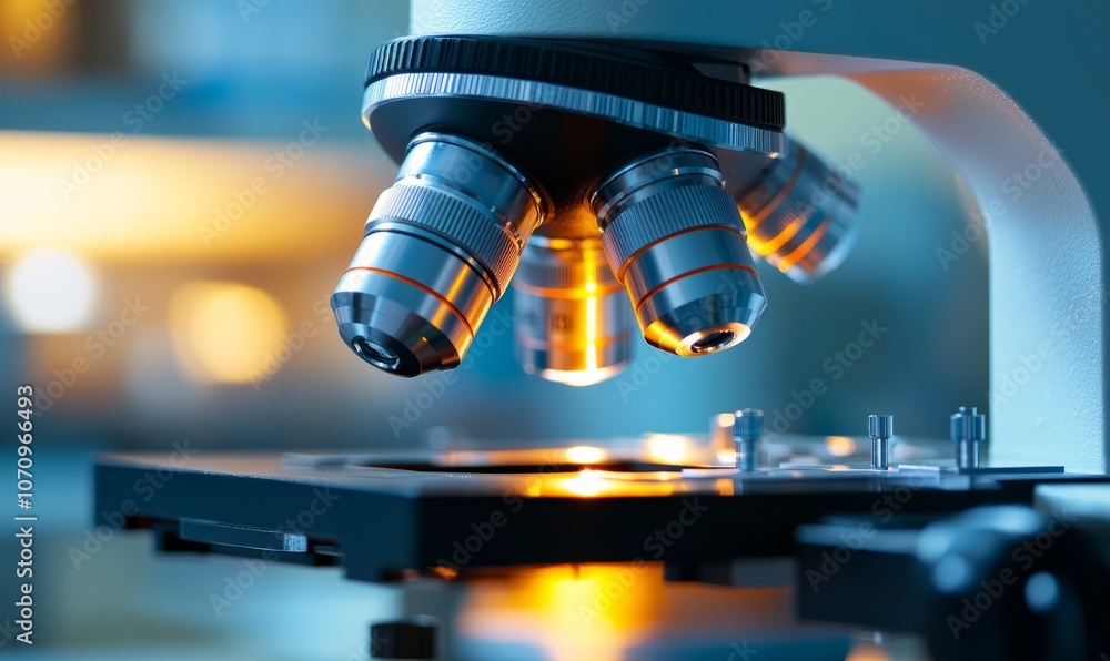 Aufkleber close-up view of a microscope with a specimen stage illuminated in a laboratory setting during the e
