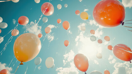 Fototapeta premium Colorful balloons drifting across the background, symbolizing celebrations and new beginnings, perfect for themes of moving and fresh starts