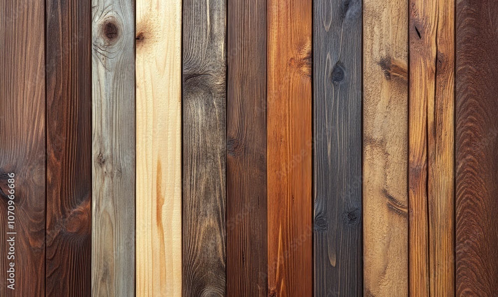 Aufkleber close-up view of vertically arranged wooden planks with distinct grain patterns and textures in vari