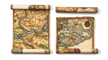 Ancient Fantasy Maps on Old Parchment Scrolls With Intricate Details Generative AI