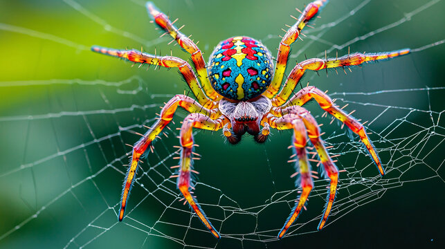 A colorful spider clings to its web, each limb visible in stunning detail, against a green outdoor background, evoking a sense of arachnophobia while showcasing the creatureâ€™s natural beauty