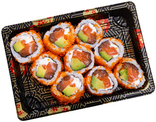Japanese california roll masago caviar with salmon, avocado and cheese with soy sauce. Isolated over white background