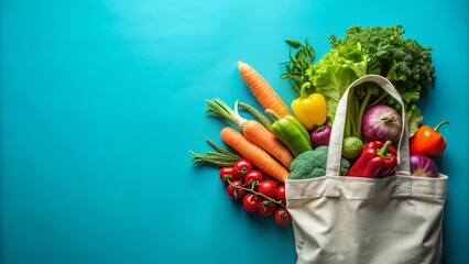 Fresh Vegan Grocery Shopping with Eco-Friendly Cotton Bag Filled with Colorful Vegetables on a Bright Blue Background - Perfect for Clean Eating Concepts and Healthy Lifestyle Promotion