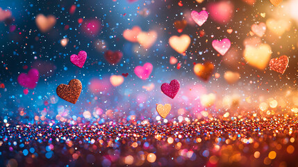 Abstract design featuring hearts and confetti on a bright, festive background, with a shiny texture that adds a celebratory feel, ideal for birthday or Valentineâ€™s Day greetings