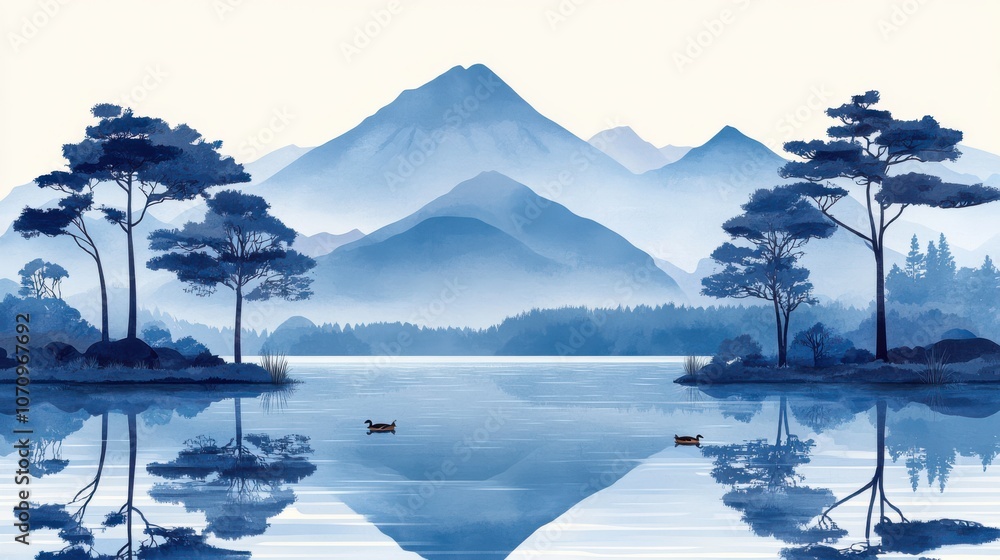 Poster serene lake scene with ducks and trees in vector style