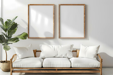 A stylish living room featuring a wooden-framed sofa with plush white cushions, complemented by a decorative plant and empty frames on the wall.