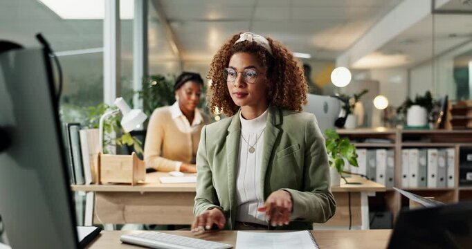 Women, office and reading with document, computer and teamwork with review, inspection and project management. People, paperwork and progress with report, proposal and thinking at creative agency