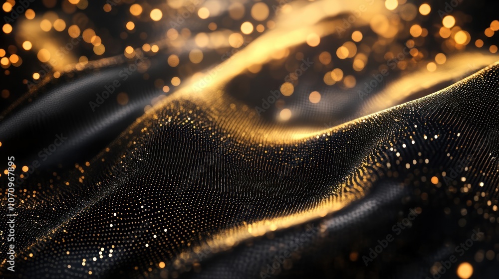 Poster a close-up of shimmering fabric with golden sparkles, creating a luxurious and elegant effect.