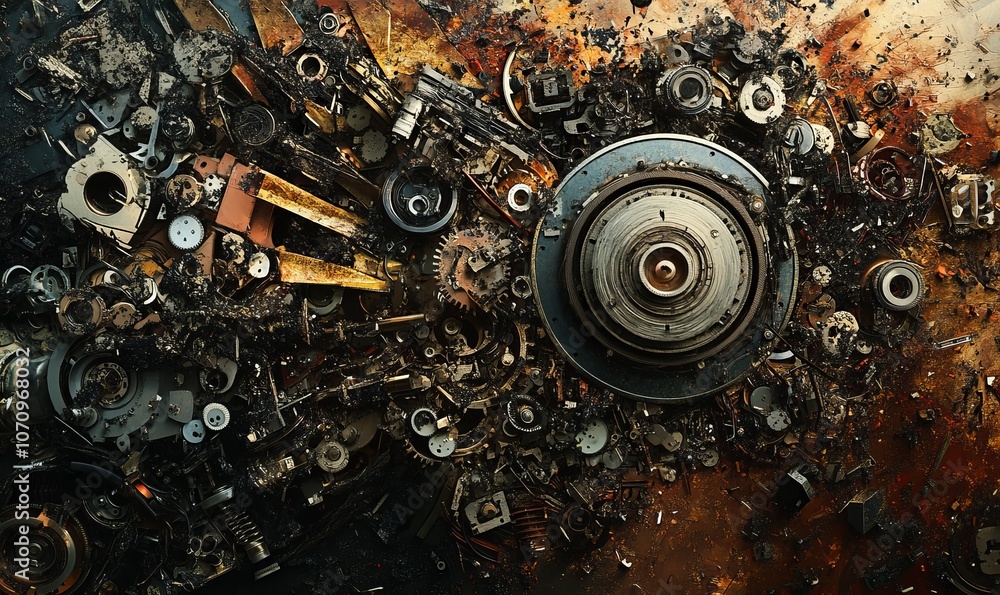 Poster exploring intricate details of mechanical failure, this image captures dynamic explosion of machine 