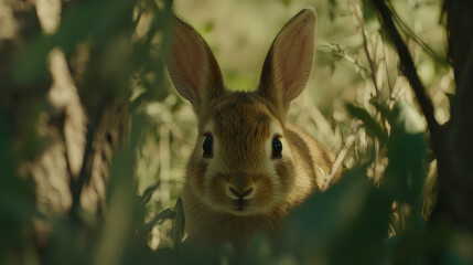 Fototapeta premium Curious Bunny Hiding in the Bushes, rabbit, cute, adorable, fluffy, ears