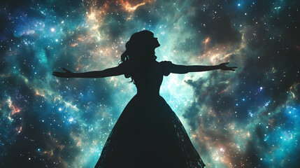 Woman Silhouette in a Starry Night Sky, stars, galaxy, space, cosmic, universe