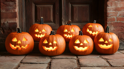Obraz premium Smiling Jack-O-Lanterns on Brick Path, halloween, pumpkins, carved pumpkins, orange, october