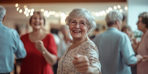 A joyful gathering of seniors enjoying a lively dance together under warm lights. The atmosphere is filled with happiness, connection, and community spirit. This image captures cherished moments. AI