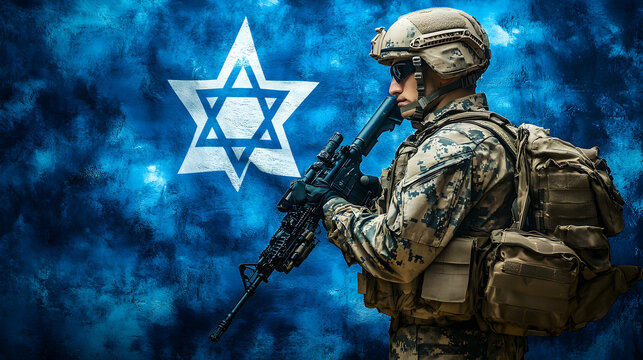 Israeli Soldier with Star of David Flag Background, army, military, combat, weapon, gun