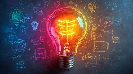 A brightly glowing light bulb with colorful accent