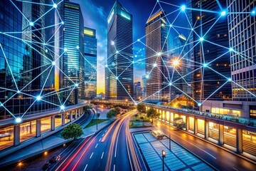 Obraz premium Futuristic Architectural Connectivity: An Abstract Representation of Digital Networking and Geometric Structures in Modern Design, Showcasing Cyber and Global Network Concepts