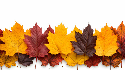 Fototapeta premium Autumn leaves border on white background, fall leaves, maple leaves, season, nature, foliage