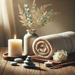 Minimalist Spa Setup with Rolled Towel, Candle, and Fresh Flowers