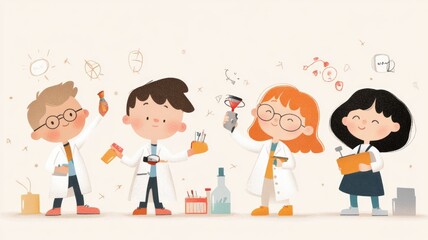 Curious kids in science lab: diverse group in white coats exploring experiments together,Kid Inventors’ Day