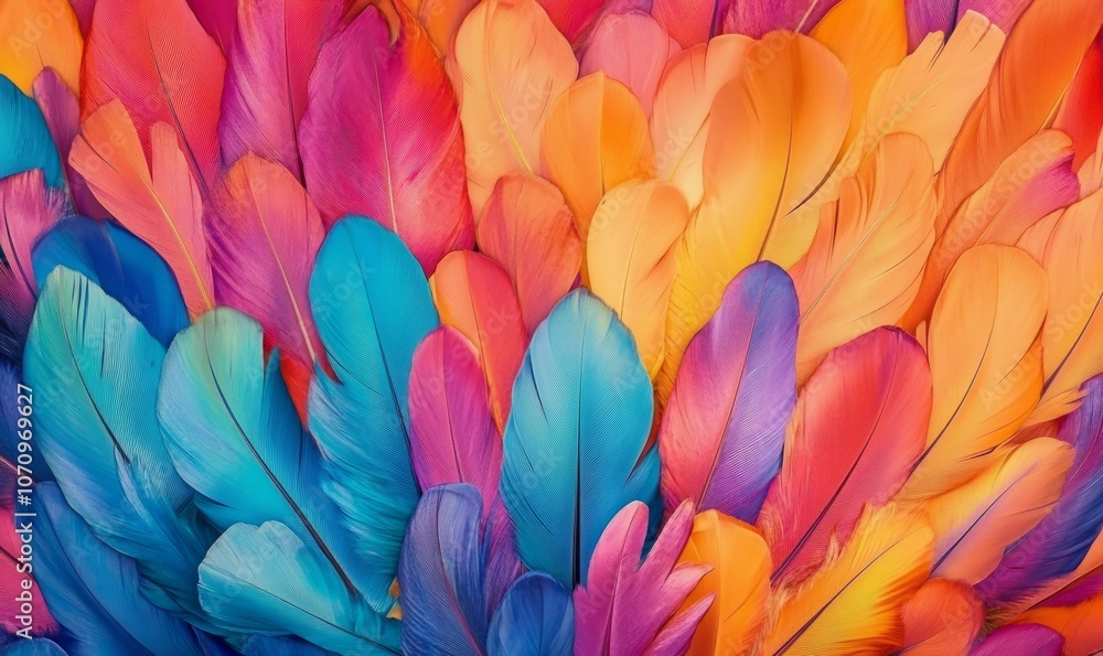 Poster explosion of vibrant multi-colored feathers creating a textured background, symbolizing diversity an