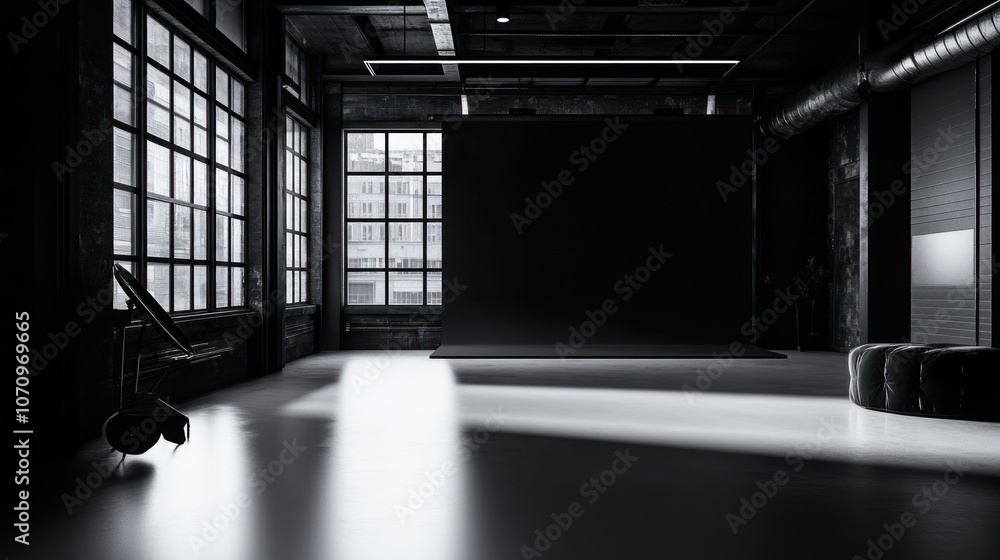 Poster a minimalist studio space with large windows and a dark backdrop for photography or events.