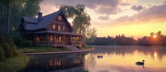 Fototapeta premium A wooden cabin on a lake at sunset.