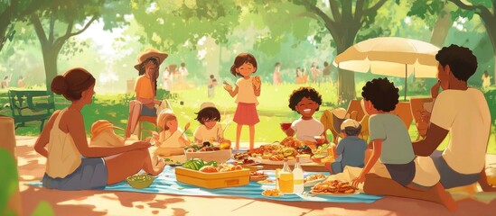 A family enjoys a picnic lunch in a park on a sunny day.
