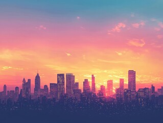 A vibrant city skyline at sunset, showcasing colorful clouds and illuminated buildings against the evening sky.