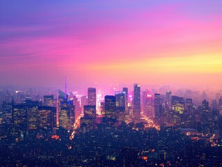 Fototapeta premium A stunning city skyline at sunset, featuring vibrant colors of purple and pink illuminating skyscrapers and the bustling city below.