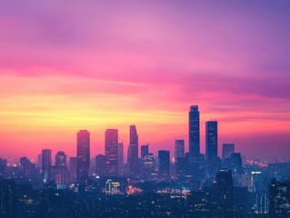 A stunning city skyline at sunset, featuring colorful hues of purple and orange across the sky, highlighting tall buildings against a vibrant backdrop.