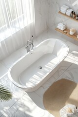 Elegant Baroque-style bathtub in a minimalist bathroom with white flooring and soft lighting, showcasing a shelf of toiletries and a serene atmosphere