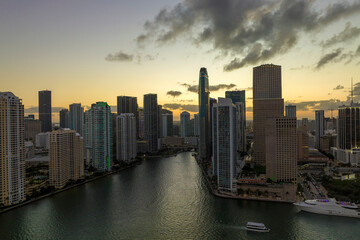 Fototapeta premium Evening urban landscape of downtown district of Miami Brickell in Florida, USA. Skyline with dark high skyscraper buildings in modern american megapolis