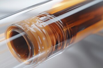 A close-up view of a transparent glass tube featuring rich amber liquid inside. Generative AI