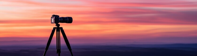 A camera on a tripod captures a vibrant sunset, showcasing beautiful hues of pink and orange in the sky.