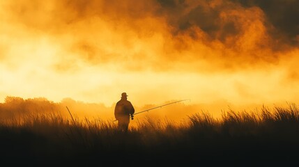 Naklejka premium A lone fisherman stands in a field of tall grass, silhouetted against a dramatic, fiery sunset sky.