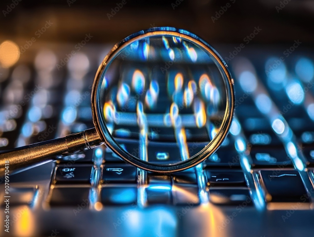 Poster a magnifying glass over a keyboard, creating colorful reflections and distortions.