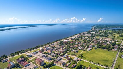 Fototapeta premium Aerial View of Coastal Town and Vast Blue Lake under Clear Sky with Fluffy Clouds