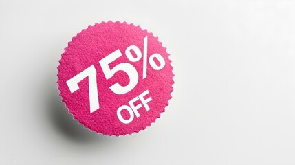 White '75% OFF' Text on a Magenta Round Paper Note. White Background with Copy Space