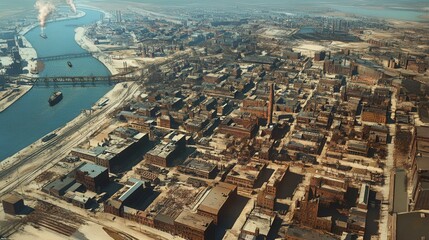 Aerial Panorama of Industrial Cityscape by River in Winter, Showing Urban Infrastructure and Architecture